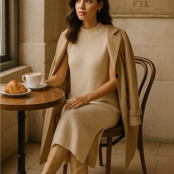 H&M Knit Cream Midi Dress Double Side Slit | Minimal Chic Cozy Fall - Picture 4 of 7